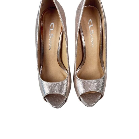 CL by LAUNDRY Women SZ 7/37.5 Gold Platform Pumps Heels-Open Toe -5” Stilleto - Picture 2 of 16